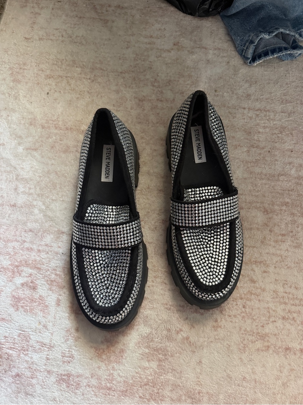 Steve Madden Black Loafers with Silver Crystal Studs